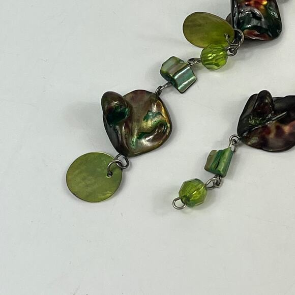 Green Abalone Shell Necklace and Earrings NO CLASP 42" MOP Handmade Boho Unique - Picture 4 of 5
